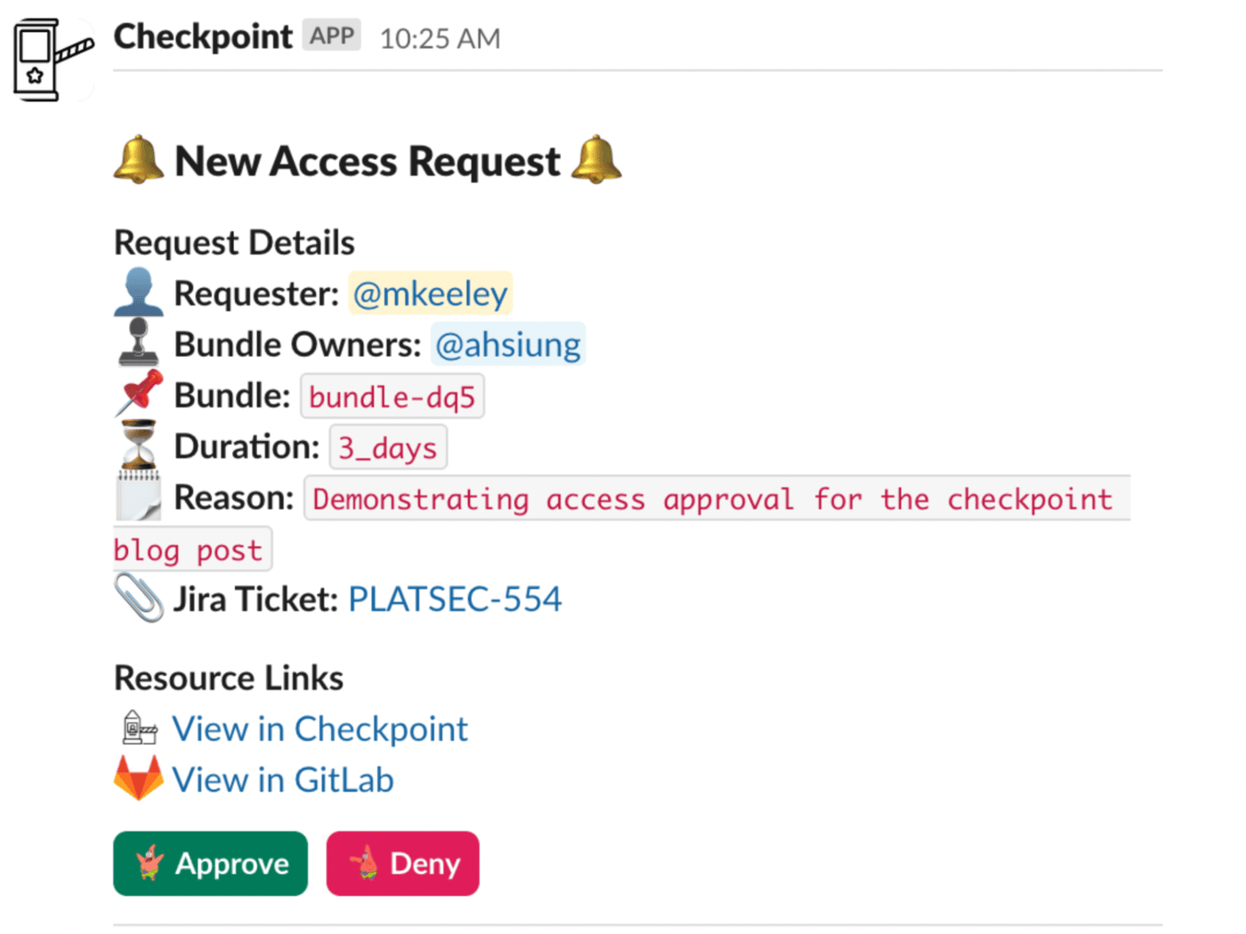 Checkpoint Approval Card in Slack