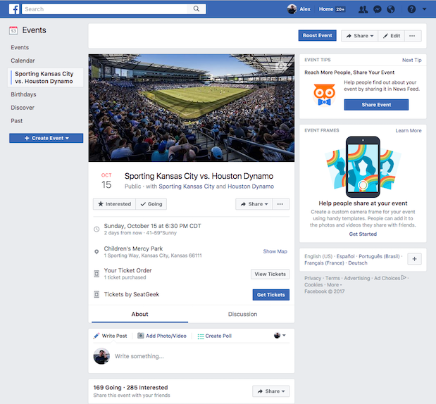 Facebook-SeatGeek Integration Screenshot
